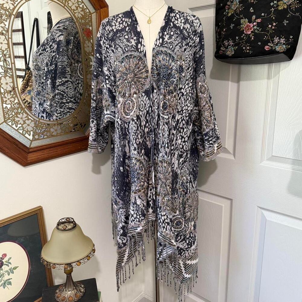 Soft Surroundings Blue & White Knit Boho Pattern Beaded Kimono Wrap W Fringe OS